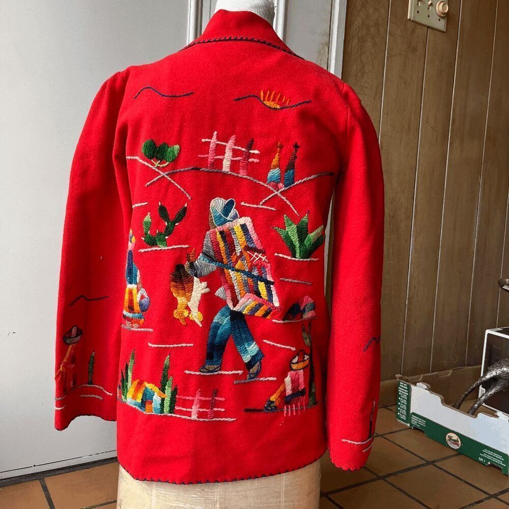 VTG 1940s Mexican Embroidered Wool Jacket Hand-Dyed Yarn, Folk Art, Red Wool S - Picture 4 of 15